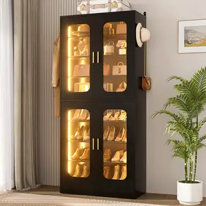 8-Tier Wooden Shoe Cabinet with RGB LED Light and Doors, 67.4'' Tall Adjustable Shoe Storage Organizer with Side Hooks,Shoe Rack,Display Cabinet