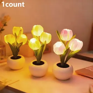 Tulip LED Night Light with Vase, Realistic Flower Bouquet Table Lamp, Home Living Room Decor, Multifunctional Ambient Lighting Gift