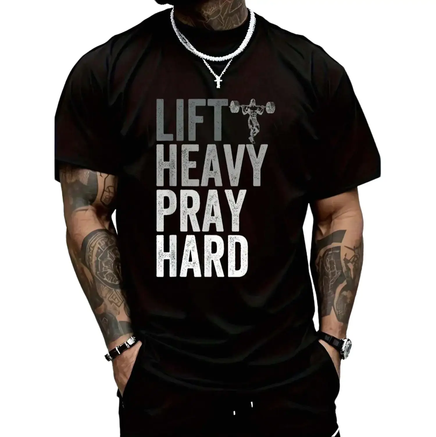Men's 100% Cotton Christian Faith Gym T-Shirt - Relaxed Fit, Soft, Graphics Apparel, Lift Heavy Pray Hard Jesus Sports Top