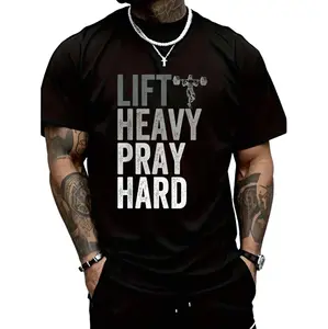 Lift Heavy Pray Hard 100% Cotton Christian Faith Gym Jesus T-Shirt For Men Casual Style Tee Casual Loose Fit