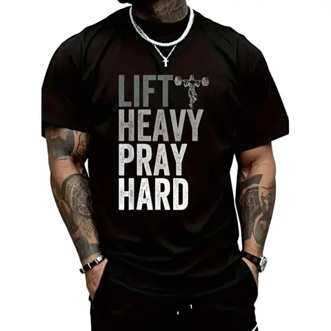 Men's 100% Cotton Christian Short-Sleeve Top - Loose Fit, Soft, Digital Printing, Customizable, Round Neck, Lift Heavy Pray Hard Jesus Graphics, All Seasons Men's Clothing, Weightlifting Sports Apparel