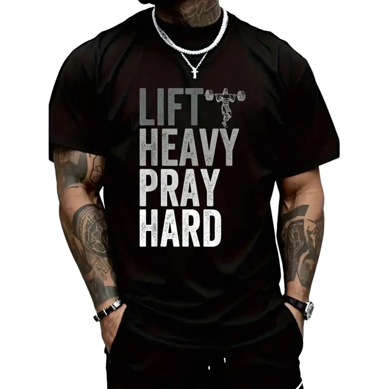 Men's 100% Cotton Christian Short-Sleeve Top - Loose Fit, Soft, Digital Printing, Customizable, Round Neck, Lift Heavy Pray Hard Jesus Graphics, All Seasons Men's Clothing, Weightlifting Sports Apparel
