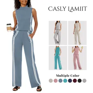 Casly Lamiit 2 Piece Sets for Women Summer Outfits Mock Neck Tank Top & Wide Leg Pants Stripes Casual Loungewear Tracksuits Tanktop Fitted