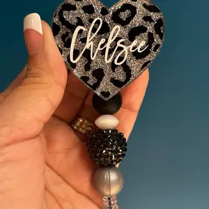 YOUR  NAME - MUST ADD YOUR NAME AT CHECKOUT! Heart Badge Reel - Personalized with Your Name, 2” Diameter, Metal Alligator Clip, 360 Degree Rotation, Hand-Glazed Acrylic Design id