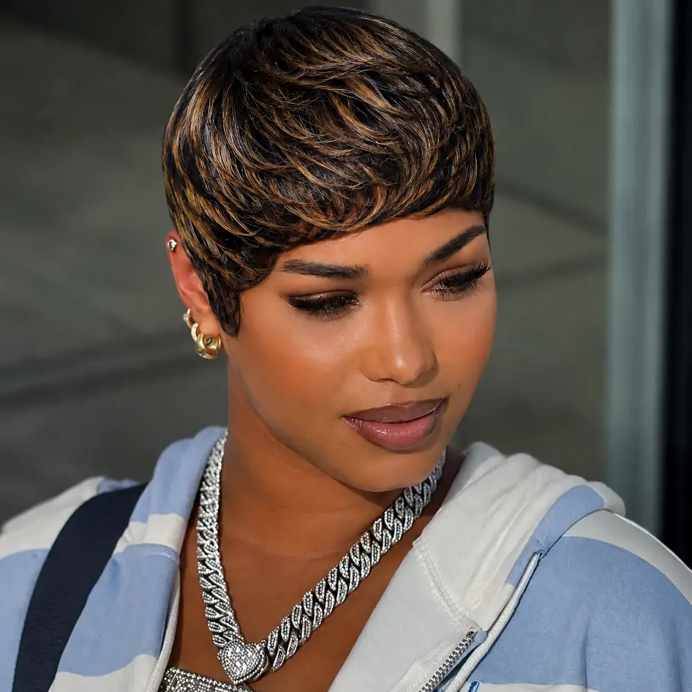 Women's 9047 Straight Pixie Cut Human Hair Wig, P1B/27 Highlights, Glueless Machine-Made, 150% High Density, 22.5" Medium Cap, Wigs Human Hair, Medium Size