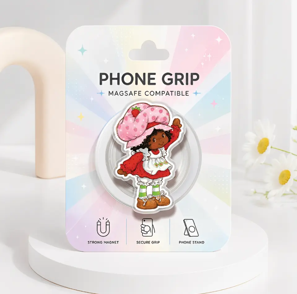 Kawaii Strawberry Girl MagSafe Phone Grip, Vintage Afro Girl Acrylic Phone Holder, Strawberry Coquette Phone Accessories, Coquettecore Fruit Girl Kindle Grip, Girly Gift