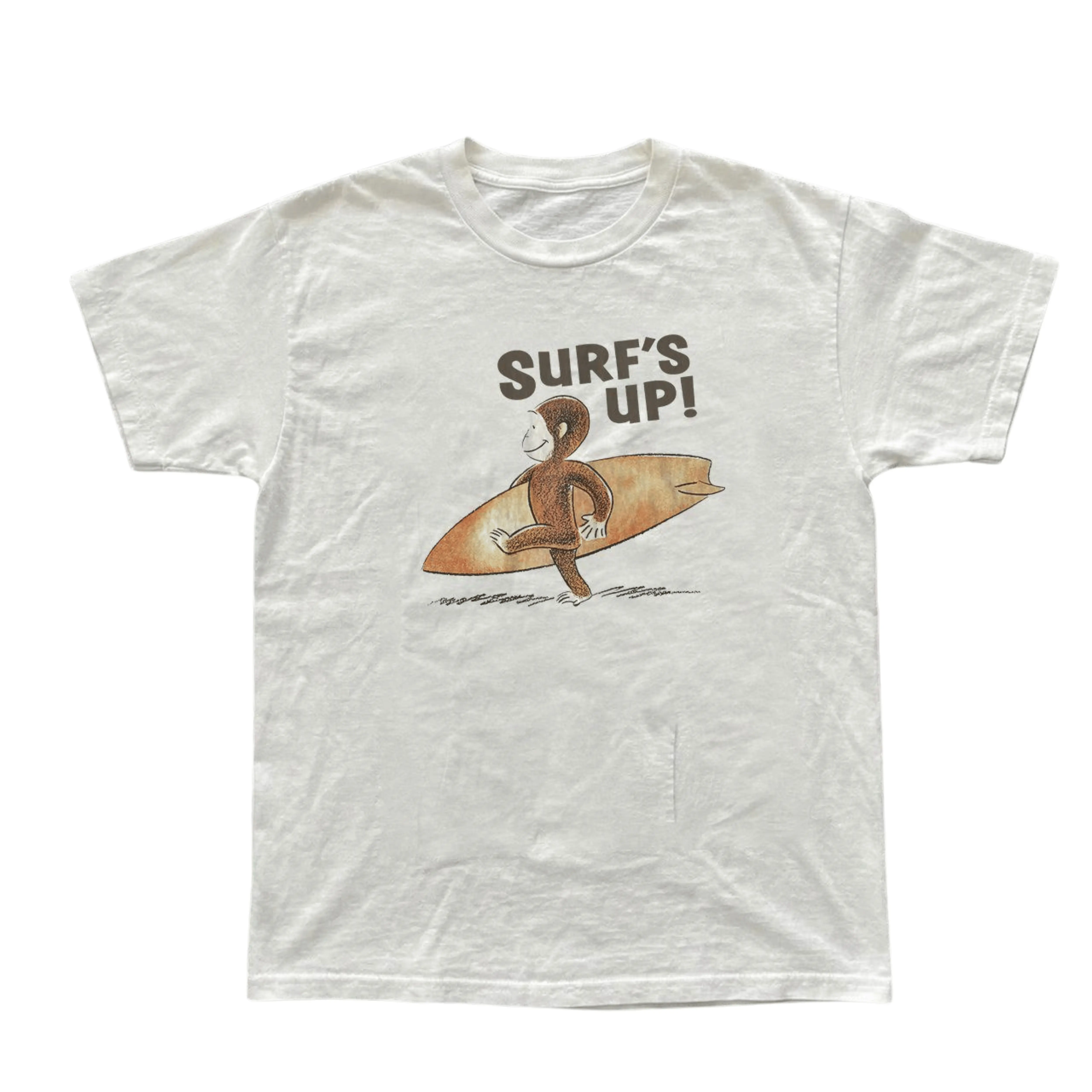 Gildan Men's and Women's T-Shirt, Vintage Style Curious George Surfs Up Graphic Tee, Unisex Casual Top, Funny Cartoon Monkey Shirt, Summer Beach Vacation Clothing, Matching Couples Outfits, Unique Birthday Present, Premium Cotton, Surfer Merch