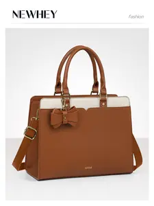 WOMEN'S LEATHER LAPTOP TOTE BAG PU LEATHER 15.6 INCH WORK BRIEFCASE WITH DETACHABLE SHOULDER STRAP FOR OFFICE, BROWN, Travel Essentials