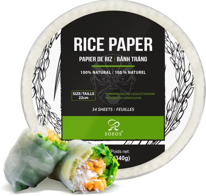 Soeos Rice Paper, White Rice Paper Wrappers, 1 Pack, 34 Sheets-Fresh Spring Roll Wrappers & Dumplings, Non-GMO, Gluten-Free, Low Carb, Vietnamese Rice Wraps (Round, 22cm)