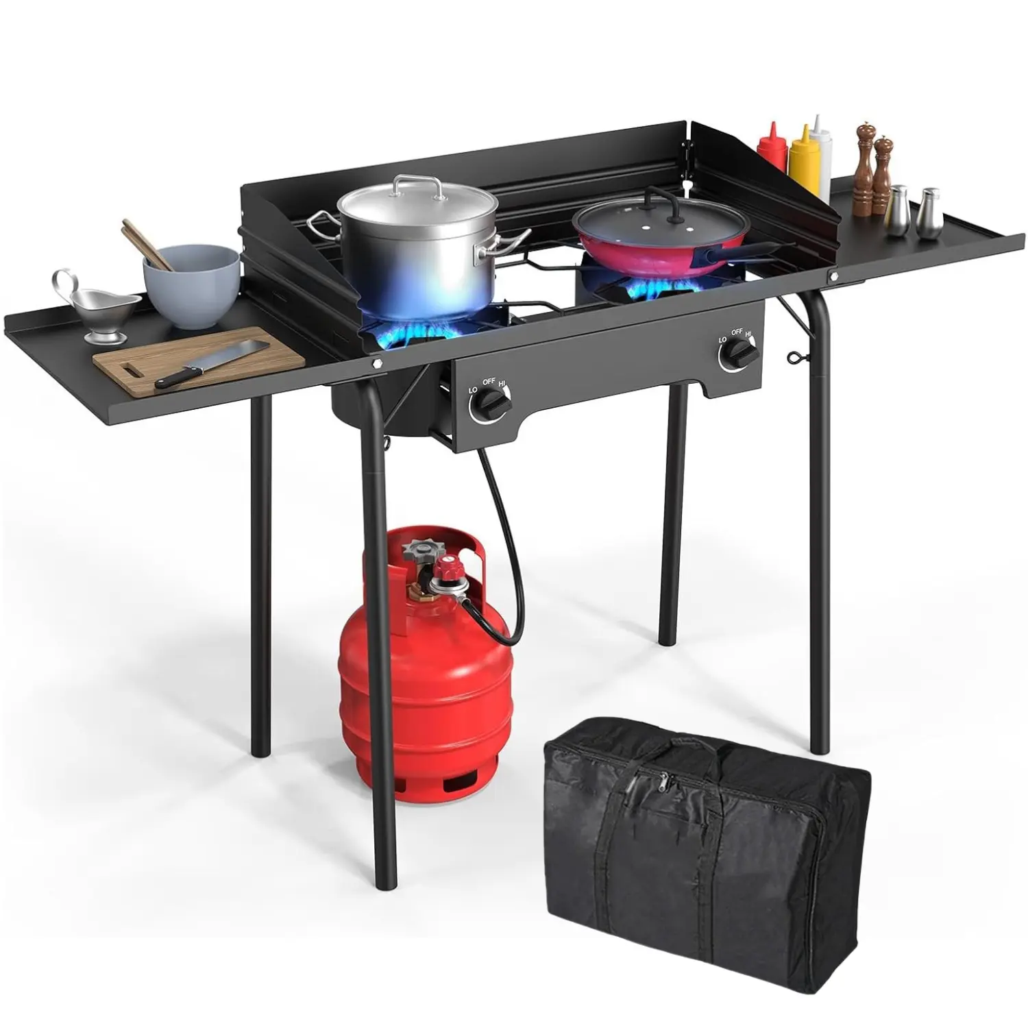 2-Burner/3-Burner 150000 BTU Propane Gas Stove - Cast Iron Portable Kitchen Outdoor Cooking Equipment, Adjustable Height, Foldable Side Shelves, CSA-Certified Regulator, Carry Bag, Built for Camping, Tailgates, BBQs, Tailgating, Easy And Safe Temperature,