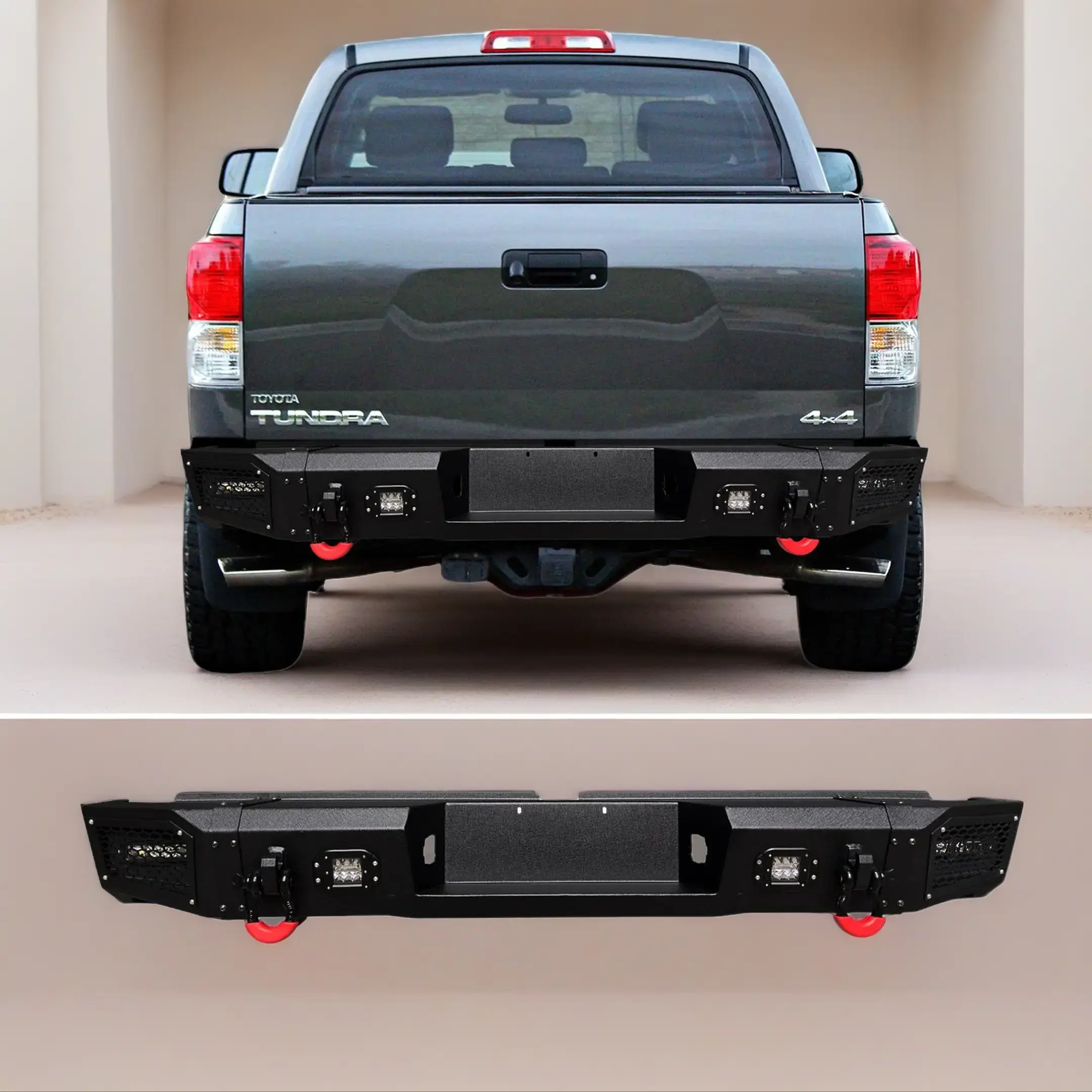 Vijay Black Texture Steel Rear Bumper for 2007-2013 Toyota Tundra Vehicle - Automotive Auto Parts Accessories with LED Lights, LED Support, 2 D-Rings, Simple Screw Installation, Off-Road Performance to Enhance Functionality & Style, Includes Hardware
