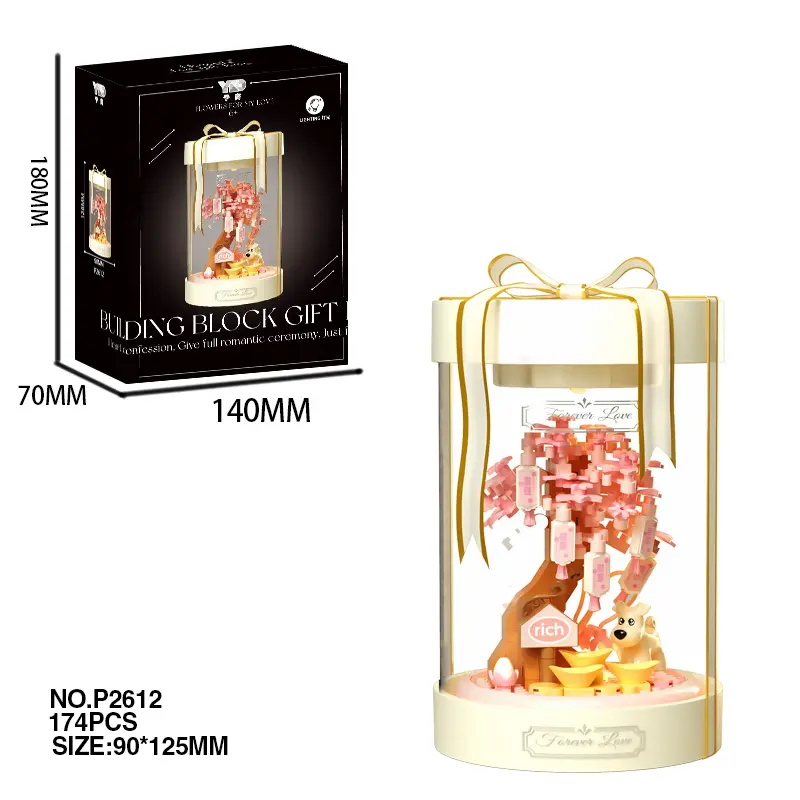 Brick Terrarium with Preserved Cherry Blossom Tree & Puppy - peonies flowers Aesthetic Glowing Home Decor Shelf Accent, Thoughtful Birthday Gift for Her