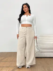 【Plus Size】Women's Casual Corduroy Pants, Button Zipper Closure, Plain Straight Leg Long Pants, All Seasons Wear, Fitted Style, Casual Chic Trousers