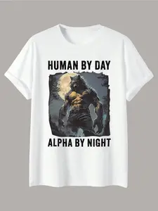 Werewolf Print T-Shirt, Casual Fitted Long Sleeve, Gothic Fantasy Wolf Head, Lazy Home Wear, Comfortable Loose Fit, Unisex Trendy Top