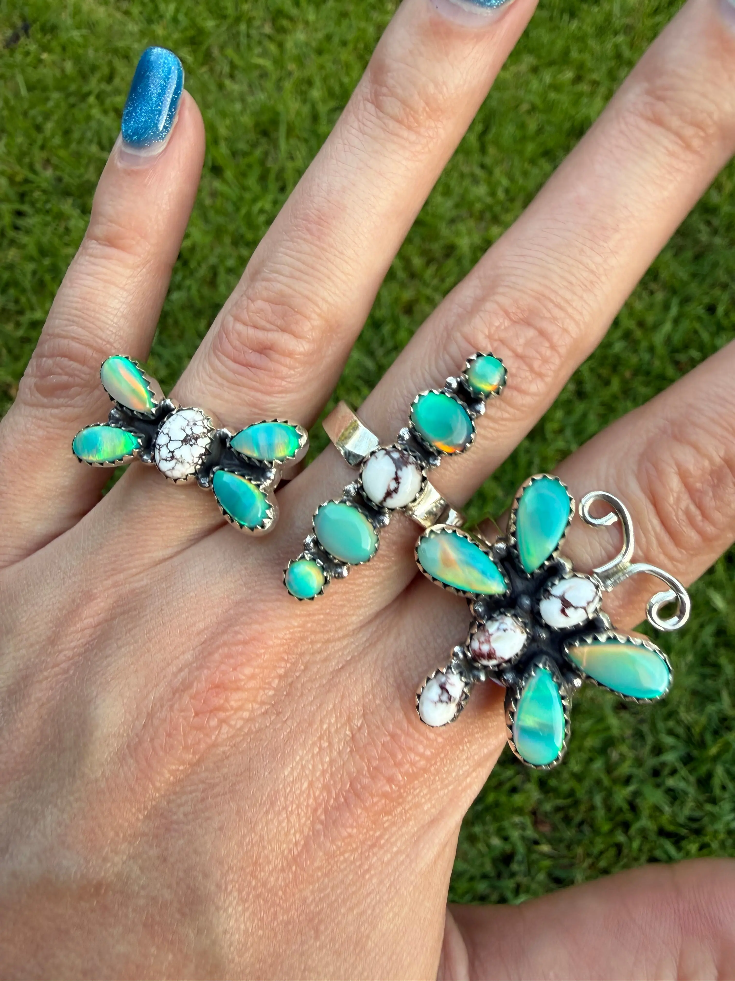 Wild Horse and Green Balloon Opal Sterling Silver Adjustable Rings