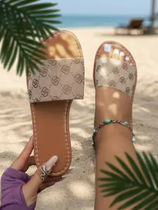 Women's flat open-toe sandals, Boho Style Sandal, stylish letter print summer beach vacation sandals, suitable for spring break and everyday wear.