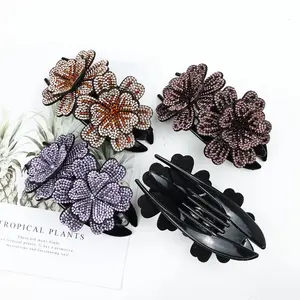 4PCS Sparkly Rhinestone Flower Hair Clips for Women – Glittery Double Flower Hair Claws, Elegant Plastic Barrettes for Thick Long Hair, Perfect for Birthday Gifts, Parties, and Weddings