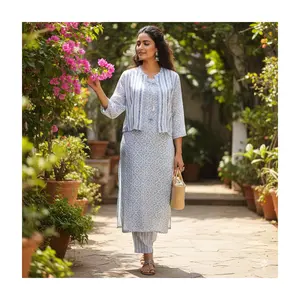 Elegant Blue & White Printed Kurti Set with Jacket #3PS-13