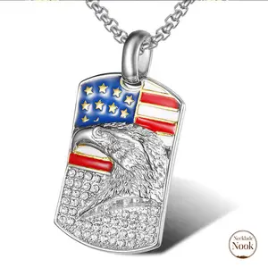 American flag eagle pendant titanium steel necklace, gold-plated with rhinestones, hip-hop patriotic style, men's Valentine's Day gift and trendy accessory.