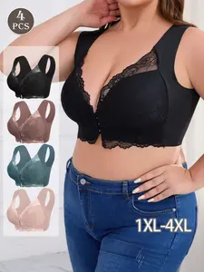 【Plus Size】4 Pack Women's Elegant Floral Lace Detail Push-Up Bra Underwear, Comfortable Wireless Design, Medium Support, Fashion Front Buckle, Wide Shoulder Straps, Perfect for Daily Wear