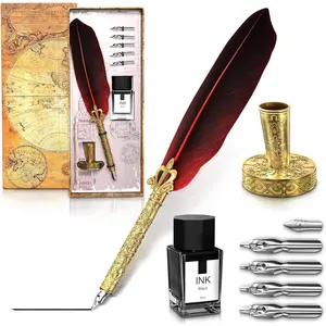 Classic Goose  Pen and Ink Set - Old Fashion Red  Quill Pen and Ink Set with Stainless Steel Nib for Calligraphy Practice, Drawing & Signatures - Thoughtful Writer Gifts
