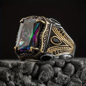 1pc Retro Signet Ring With Carved Eagle And Mystic Cubic Zirconia Inlay, Perfect For The Modern Biker Look