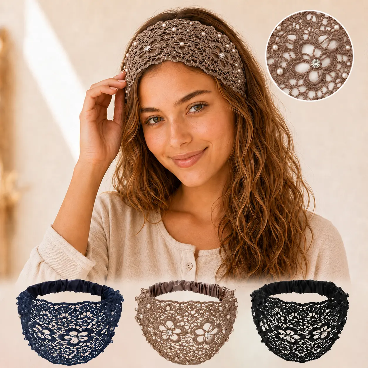 3PCS Lace Triangle Headband Set for Women, Boho Floral Hair Scarf Bandanas with Elastic Back, Wide Lace Headbands for Beach, Festival, Vacation & Everyday Styling