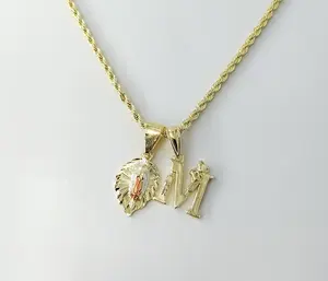 Plated Dainty Letter "M" Tri-Color Virgin Mary Double Pendants 2mm Rope/Braided Chain Necklace