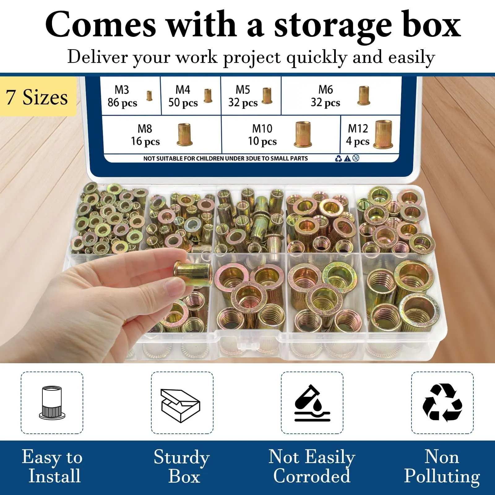 230-Piece Rivet Nut Kit, Flat Head Nut Assortment Set, Zinc-plated carbon steel nuts M3-M12, slotted flat head threaded inserts, full thread right-hand thread, Versatile Use, Widely used in furniture, home appliances, bicycles