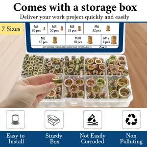 230-Piece Rivet Nut Kit, Flat Head Nut Assortment Set.Zinc-plated carbon steel nuts M3-M12, slotted flat head threaded inserts, full thread right-hand thread.Widely used in furniture, home appliances, air conditioners, fitness equipment, bicycles.