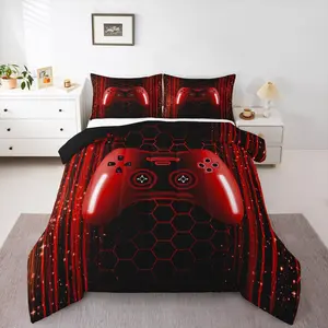 Feelyou Kids Game-Themed Bedding Set - Multi-Size Burgundy Red Breathable Soft Blanket Duvet Insert, Neon Light Video Game Design, Striped Honeycomb Hexagon Pattern, Travel-Friendly Bedding Decor