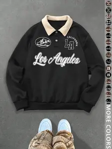 Unisex Y2K Vintage Style New York Letter Print Fitted Polo Sweatshirt, Thick Retro British Aesthetic Lamb Wool Collar Pullover for Streetwear Casual Wear