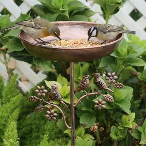 Outdoor Garden Bird Feeder - Iron Metal Bird Feeding Station with Vintage Copper Finish, Decorative Bird & Flower Ornaments, Weather-Resistant Wild Bird Feeder for Patio Yard Lawn Backyard Outdoor Garden Decor