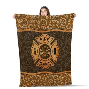 Firefighter Badge Personalized Flower Throws Blanket Comfort Warmth Soft Blanket Fleece Blanket, Sherpa Blanket, Firefighter Blanket, Blanket For Gift, Pattern On Brown