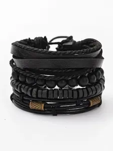 ZYNE Men's Street Style Vintage Beaded Bracelet & Braided Drawstring Bracelet, Trendy Beaded Bracelet & Multilayer Braided Bracelet, Fashionable Jewelry As Gift, Stackable Bracelets
