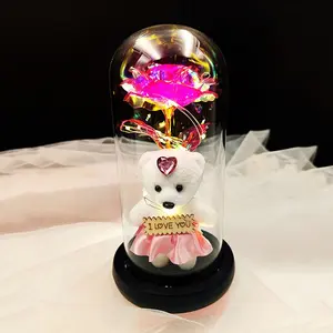 Battery Powered Eternal Light Up Rose & Bear in Glass Dome without Battery, 1 Count Creative Spring Artificial Flower & Bear Decorative Ornament for Home Room Decor, False Plants Adornment, Birthday Gift