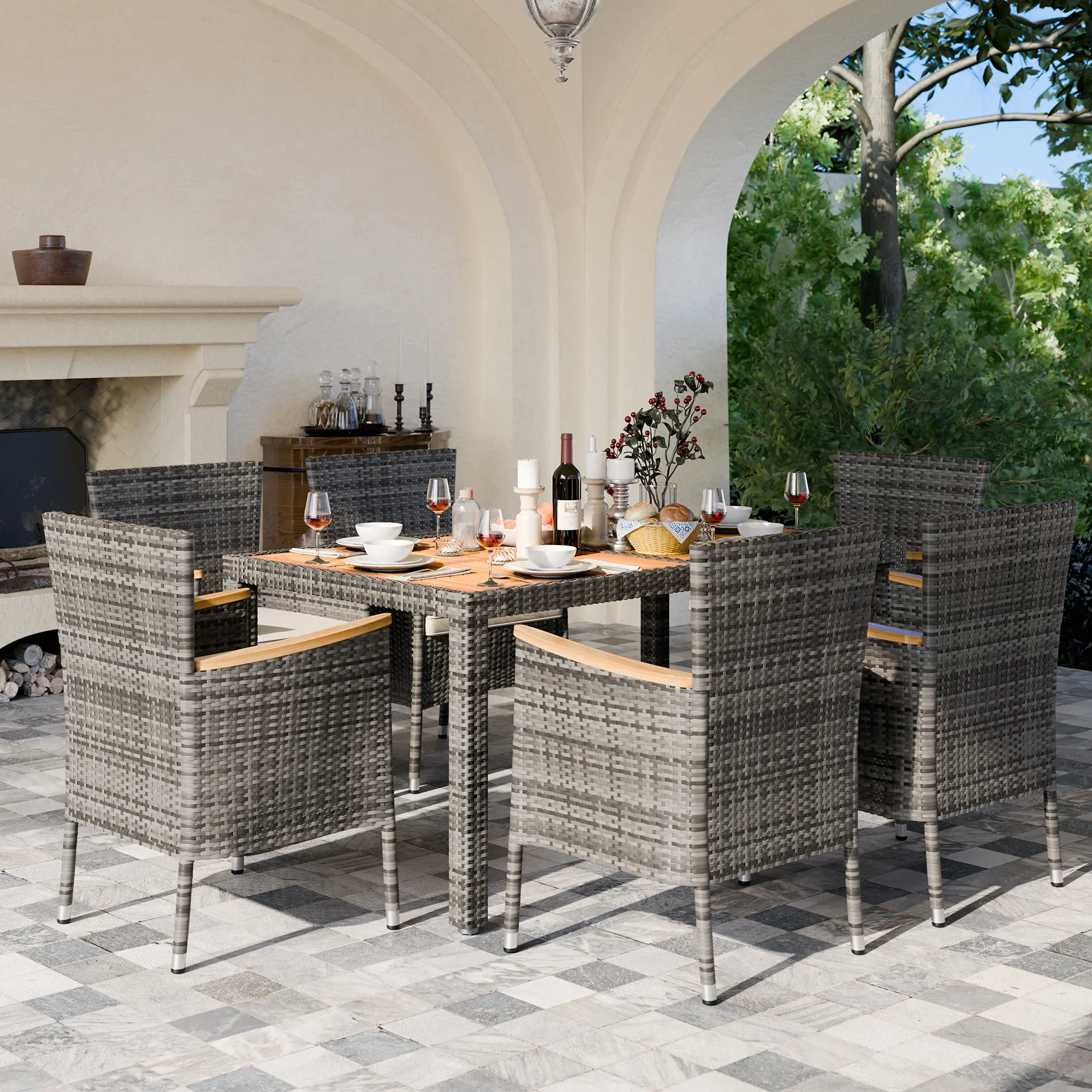 Walsunny 7 Pieces Outdoor Patio Dining Set, Wicker Patio Furniture Set with Wood Table and 6 Chairs with Soft Cushions Grey