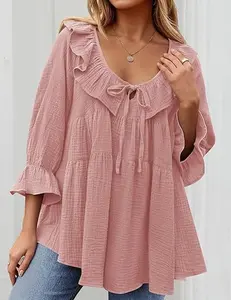 ZESICA Womens Scoop Neck 3/4 Length Sleeve Tops 2025 Casual Tie Front Ruffle Tiered Loose Tunic Shirts Blouses Fall Outfits