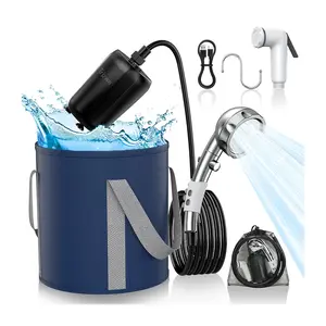 Portable shower system with rechargeable water pump, USB charging, digital display, adjustable showerhead, and foldable bucket. Suitable for camping, hiking, beach trips, travel, car washing, pet bathing, and garden watering. tiktokshopspringglowup