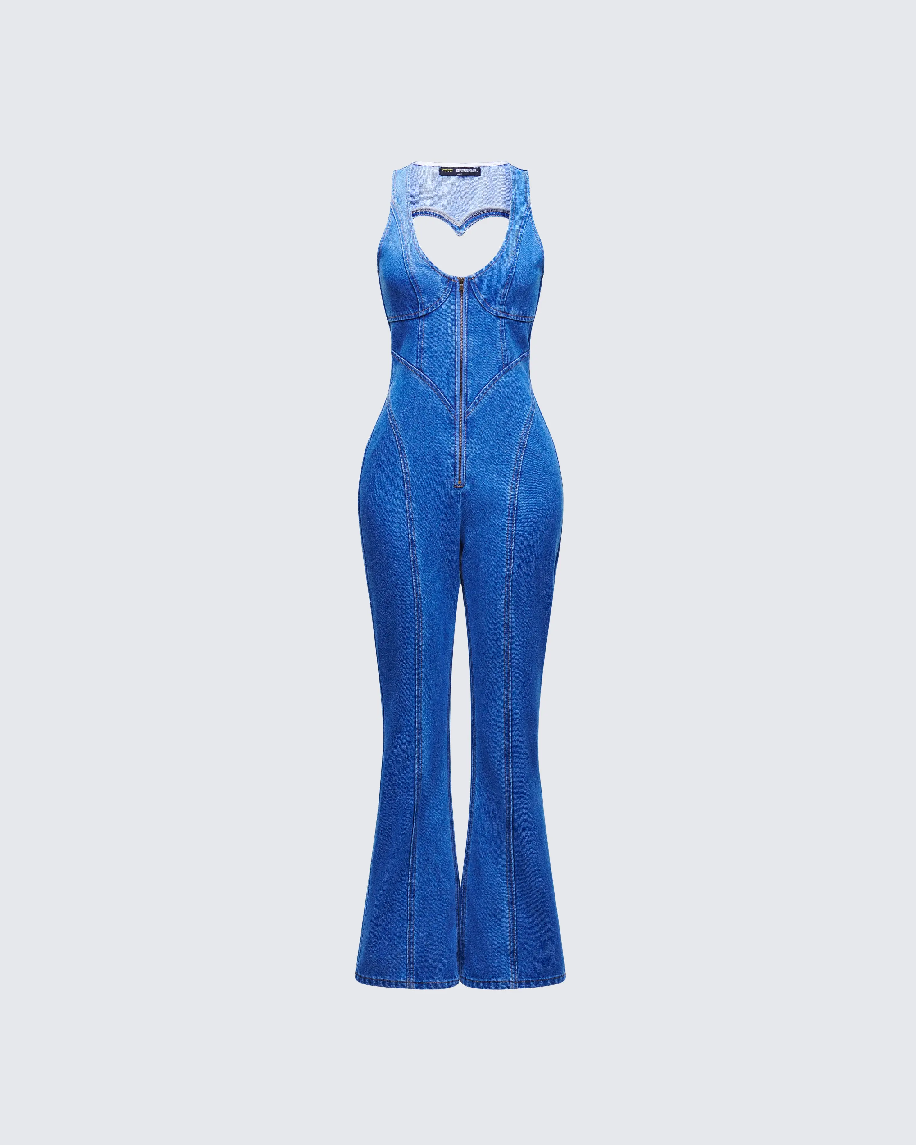 Women's Fitted Ali Blue Denim Heart-Cut Flared Overalls, Festival-Ready Jumpsuit