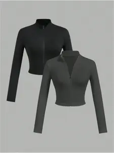 Women's Solid Zip Up Crop Jacket & Racerback Crop Tank Top Two-Piece Set, Casual Fashion Cozy Breathable Two Piece Outfits for Daily Outdoor Wear, Ladies Summer Clothes, Athleisure Wear Set