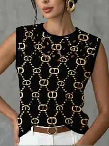 Women's Elegant Geometric Symbol Diamond Full Print Round Neck Sweater Vest, Casual Sleeveless Knit Top for Spring Summer Fall
