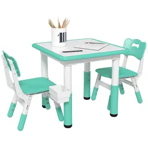 High end and high-quality  3 Pieces Kids Table and Chairs, Height Adjustable Toddler Table and Chair Set with Storage, Easy to Wipe, Activity Table 2 Chairs for Classroom, for Daycare Classroom, 18 Months-5 Years, Green