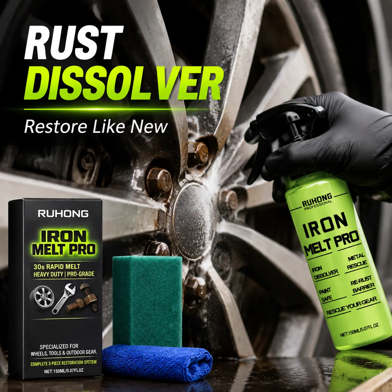 Iron Remover Spray 150ML Rust Dissolver Brake Dust Cleaner Wheel Cleaner Car Detailing Spray Metal Restoration Solution Fast Acting Heavy Duty Auto Car Care