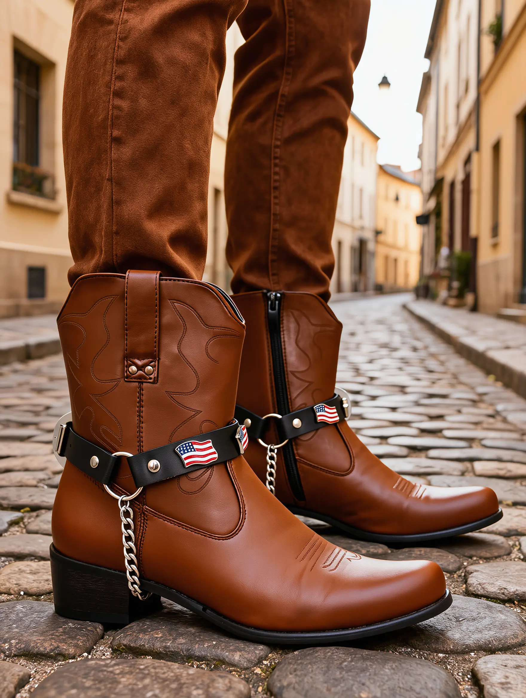 NEW Adult Western Biker Boot Harness Pair Black Straps With Silver Chain and USA Flag Detail   M19