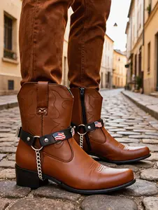 NEW Adult Western Biker Boot Harness Pair Black Straps With Silver Chain and USA Flag Detail   M19