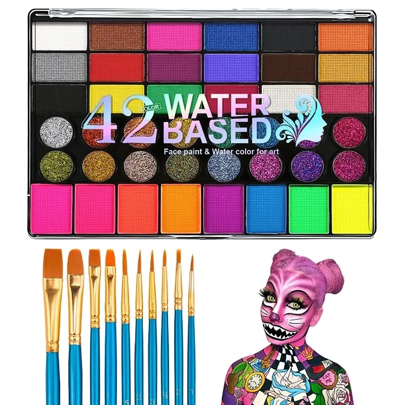 Face Body Paint Oil Makeup Set, Shimmer 20/42 Colors, Holiday Party Painting Kit with Palette and Stencil Templates, Artist Brushes, Tattoo Template Art Craft Set, Glam Pack Glitter