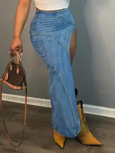 Women's Plus Size Elastic Tight Sexy Patchwork High Slit Denim Skirt, Casual Asymmetrical Split Thigh, Party Outdoors Daily Wear, Womenswear