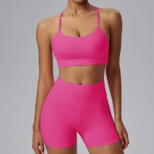 Women's Large-Size Seamless 2-Piece Yoga Set - Backless Halter Crop Top, Tight High-Waist Scrunch Butt Hip-Lift Shorts for Yoga, Running, Fitness, Two Piece Sets