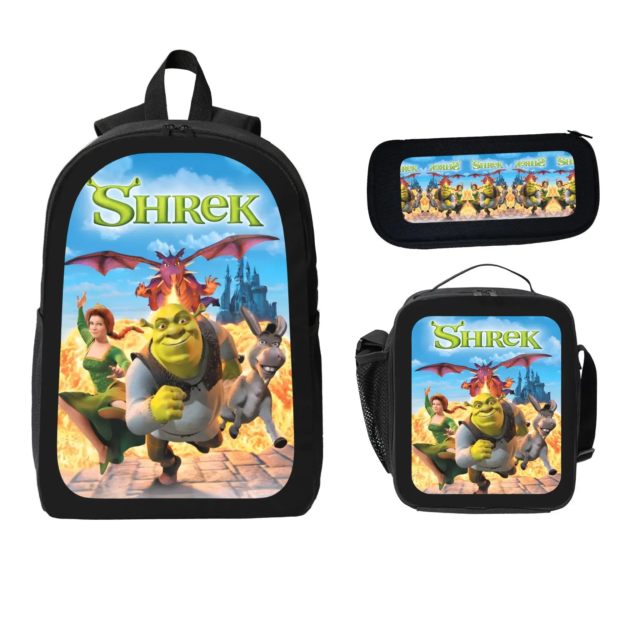 Men's 3-Piece Shrek Anime Cartoon Backpack Set - Polyester Lightweight, Includes School Bag, Pencil Case, Insulated Lunch Bag for Daily Use, Holiday